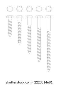set small and big self tapping screws, bolt black and white illustration vector, group multiple sizes