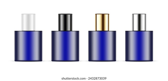Set Of Small Blue Cosmetic Bottles With Different Caps, Isolated On White Background. Vector Illustration