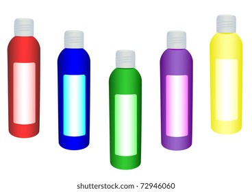 Set of small bottles of foam for a bathroom of different color
