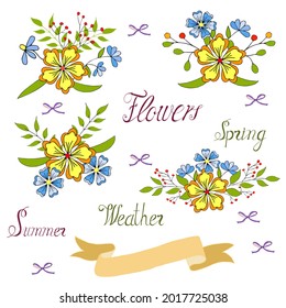 Set of small bouquets with delicate yellow and blue flowers celebrate holiday. Vector hand draw  Illustration EPS10