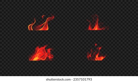 Set of small burning fire. Vector design elements. Different hot red and orange flames isolated on transparent background