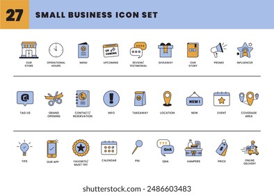 Set of small business icon set. this set includes store, menu, operational hours, review, giveaway, promo, influencer, tag us, location, coverage area, hampers, price, qna. outline vector illustration