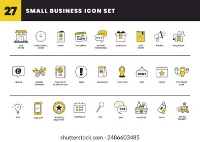 Set of small business icon set. this set includes store, menu, operational hours, review, giveaway, promo, influencer, tag us, location, coverage area, hampers, price, qna. outline vector illustration