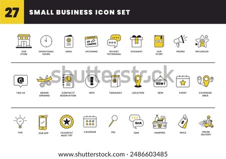 Set of small business icon set. this set includes store, menu, operational hours, review, giveaway, promo, influencer, tag us, location, coverage area, hampers, price, qna. outline vector illustration