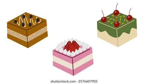 Set of small cakes with cherry and strawberry and chocolates on top. Dessert art design cute cakes collection.