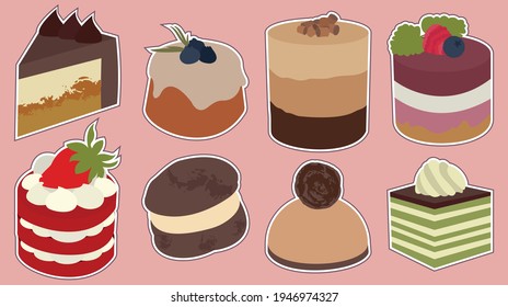 Set of small cakes with cream. Different tasty desserts on pink backround. Candybar stickers. Chocolate.