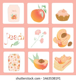 A set of small cards of sweet peach, cake, flowers in pink color. All elements are drawn by hand. For your design, scrapbooking, textiles and printing.
