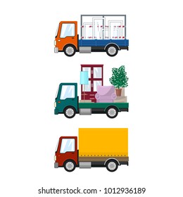 Set of Small Cargo Trucks, Car Transports Windows, Green Mini Lorry with Furniture, Closed Truck, Transport and Delivery Services, Logistics, Vector Illustration