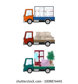 Set of Small Cargo Trucks, Van with Windows, Red Mini Lorry with Boxes, Green Truck with Furniture, Transport and Delivery Services, Logistics, Vector Illustration