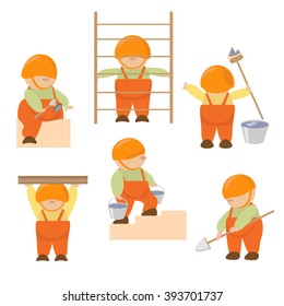 set of small cartoon builders with paint, a shovel, hammer, ladder, repair