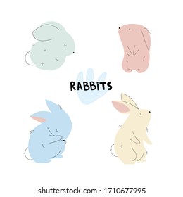 A set of small cartoon rabbits. Cute animals in pastel colors. Design for children's room decoration. Vector illustration isolated on a white background.