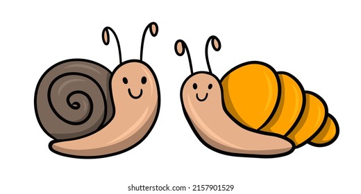 Juego de pequeños caracoles de dibujos animados, carácter, ilustración vectorial sobre un fondo blanco, elemento de diseño