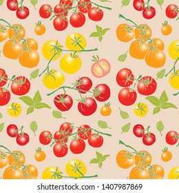 Set of small cherry tomatoes in red, yellow, orange color.  Including whole and sliced, and on the branches.  Pattern for decor and design of kitchen and items for cooking