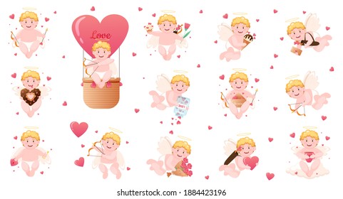 Set of small cherubs isolated on white background. Cartoon angels in different poses for Valentine's Day. Cute angels with a halo and wings. Vector illustration