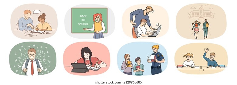 Set of small children study in offline school prepare task. Collection of happy small kids enjoy education process. Online studying and learning on computer. Flat vector illustration. 