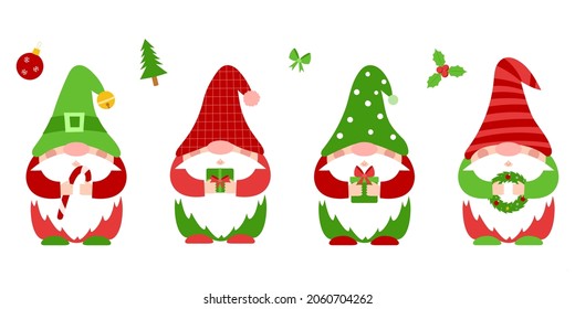 A set of small Christmas dwarfs in red, green clothes and hats, who hold New Year's attributes in their hands.Cute little gnomes, cartoon characters. Color vector illustration in flat style on white