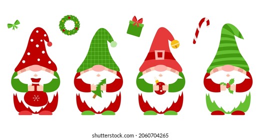 A set of small Christmas dwarfs in red, green clothes and hats, who hold New Year's attributes in their hands.Cute little gnomes, cartoon characters. Color vector illustration in flat style on white