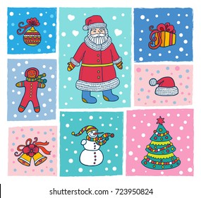 Set of small christmas icons with backgrounds. Lovely vector illustration.