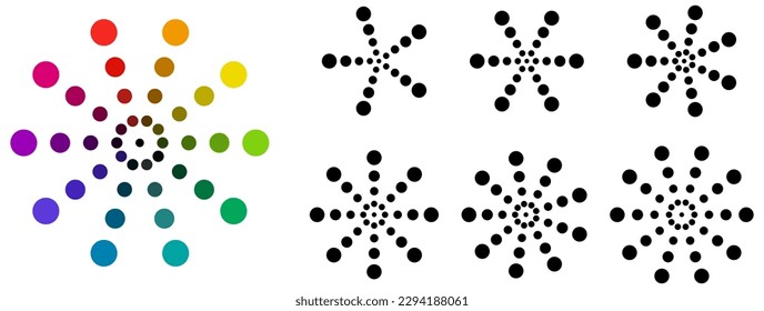 Set of small circles sunburst or star radiating from centre forming one larger round object, version with 5 to 10 rays