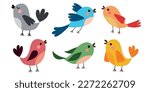 Set of small colorful birds. Spring cute birds with red cheeks. Vector illustration of birds for cards, posters, banners. Birds isolated on white background