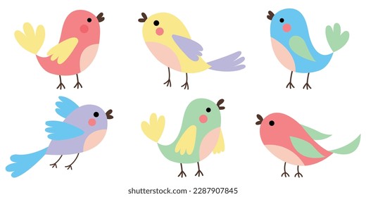 Conjunto de pequeños pájaros coloridos. Primavera adorables pájaros con mejillas rojas. Ilustración vectorial de aves para tarjetas, afiches, carteles. Aves aisladas en el fondo blanco