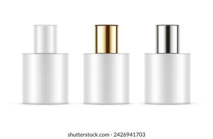 Set Of Small Cosmetic Bottles With Metallic, Golden And Plastic Caps, Isolated On White Background. Vector Illustration