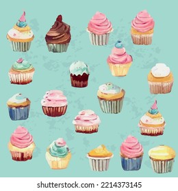 Set of small cupcakes in watercolor style.