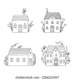 Set of small cute black and white doodle houses, with floral elements.