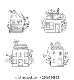 Pequeñas casas de doodles lindas en blanco y negro, con elementos florales.