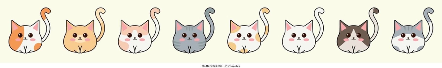 Set of small cute cats with different colors. Cute kawaii cats set. Cats for cat day. Kawaii cats emojis set.