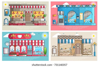 Set of small cute coffee houses and cafe buildings exteriors. Layout modern vector background illustration design concept