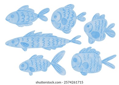 Set of small cute fish, simple decorative elements. Vector graphics.