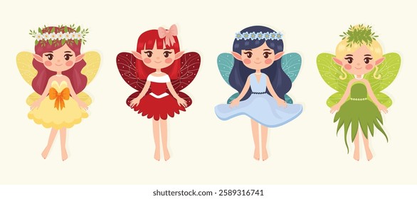 set of small cute forest fairies isolated on a white background flat vector illustration