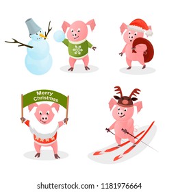 A set of small cute guinea pigs in the clothes of the day - a hat, scarf, sweater. For Christmas cards, banners, tags and labels.