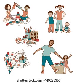 Set of small and cute hand drawn illustrations of children and toys