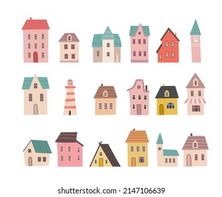 Set of small cute houses. Cartoon buildings icons. Tiny home collection in hand draw style isolated on white background. Flat design. 