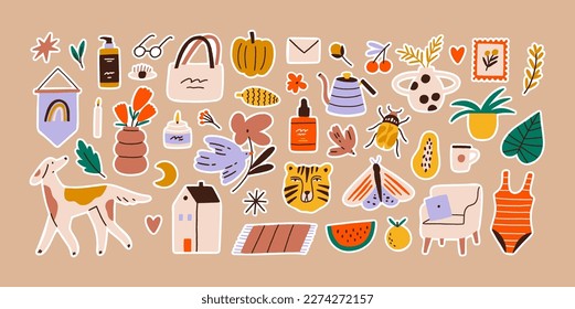 Set of small cute stickers with stylish illustrations. Trendy cozy interior elements, plants, animals and fashion items. Perfect for social media posts, pins and cards. All elements are isolated.