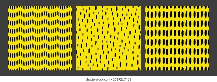 Set of Small Dash Pattern. Black doodle ornament. Seamless pattern on yellow background. Memphis style. Simple Vector Illustration.