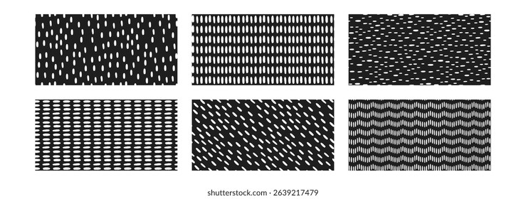 Set of Small Dash Pattern. Black doodle ornament. Seamless pattern on yellow background. Memphis style. Simple Vector Illustration.