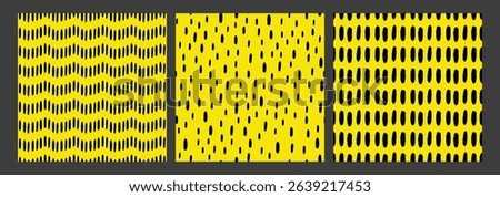 Set of Small Dash Pattern. Black doodle ornament. Seamless pattern on yellow background. Memphis style. Simple Vector Illustration.