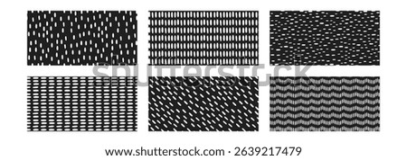 Set of Small Dash Pattern. Black doodle ornament. Seamless pattern on yellow background. Memphis style. Simple Vector Illustration.