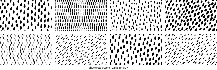 Set of small dash seamless patterns on white background.