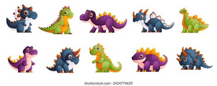 Set of small dinosaurs in green, blue and purple. Ancient inhabitants of the earth. Cute Dinosaurs of different types. Cartoon style