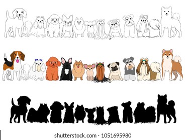 set of small dogs hand drawn borders