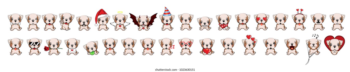 set of small dogs from puppies with different emotions. set of dogs with hearts. different types. dogs with hearts to the Valentine's Day. Bulldog - vector illustration. English bulldog