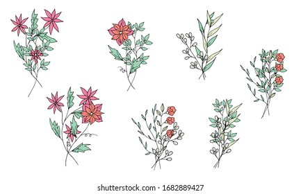 Set of small doodle decorative style bouquets on a white background. Wildflowers and branches. Delicate pastel pink, green colors. Isolated objects. Vector stock illustration.