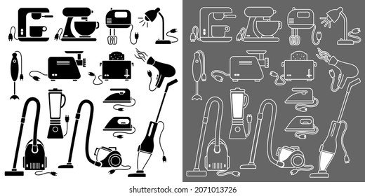 Set of small electro-household pictograms in the form of black silhouettes or white line. 