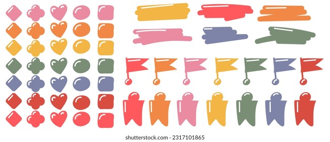 A set of small elements of different shapes with a small volume for selection. Icons of cases in the glider. A set of colored elements for making a list of tasks in a fashionable flat style for glider