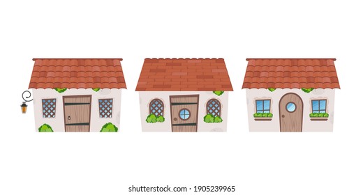 Set of Small fairy houses. Stone building with windows, door and roof. Cartoon style. For the design of games, postcards and books. Isolated on white background. Vector 