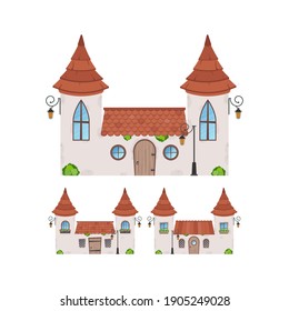 Set of Small fairy houses. Stone building with windows, door and roof. Cartoon style. For the design of games, postcards and books. Isolated on white background. Vector illustration.